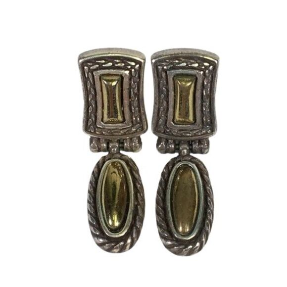 Vintage BRIGHTON Fashion Earrings 2 Tone Antique Silver & Gold Dangle Drop Post - Picture 2 of 5